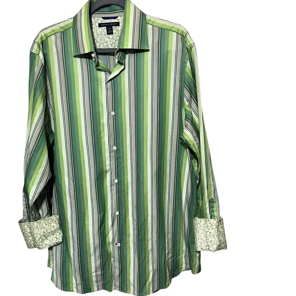Banana Republic Green Stripe Dress Shirt button up flip contrast cuffs L 16/16.5